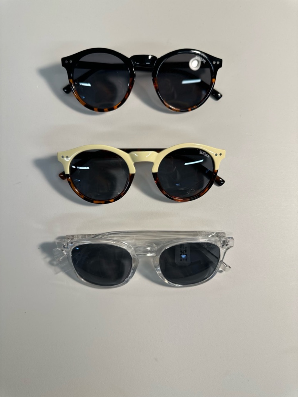 3 Unisex Sugar Sunglasses Color Cream, Clear, and Brown Brand New